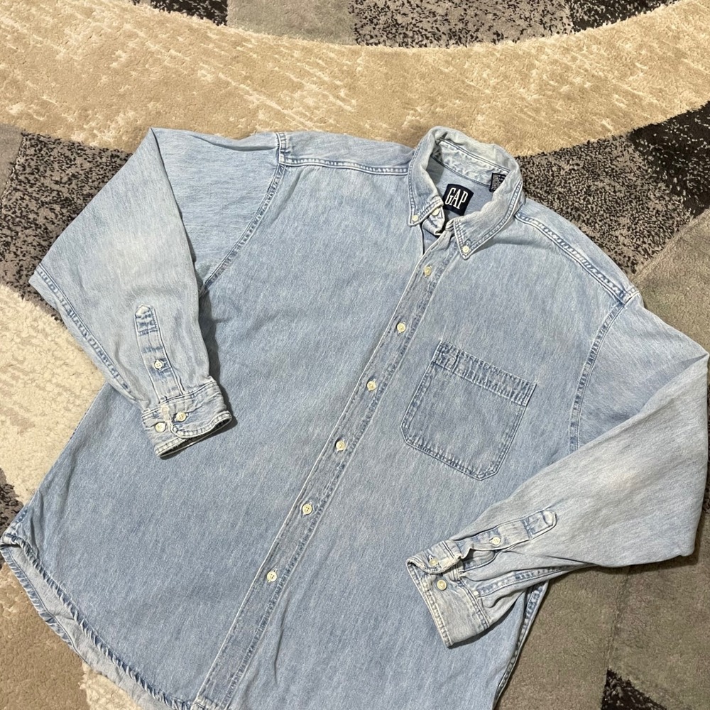 VTG Gap Denim Shirt Button Down Men XL Blue Distressed Pocket Cotton Made in USA - Picture 10 of 15